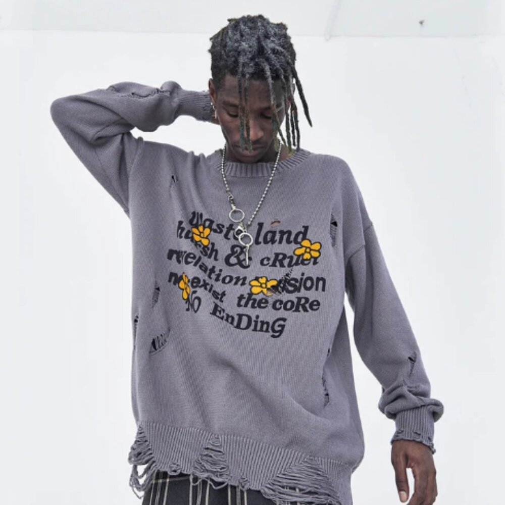 Harsh And Cruel Sweater Men XL Ripped Graphic Waste Land 100% Cotton Streetwear